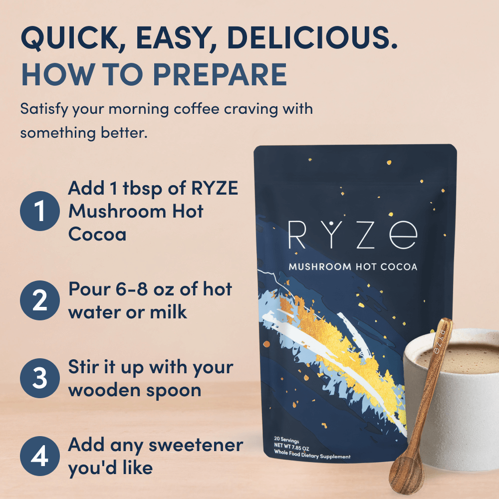 Quick Easy Delicious How to Prepare: 4 steps for RYZE Mushroom Hot Cocoa — bag and wooden spoon shown on beige background