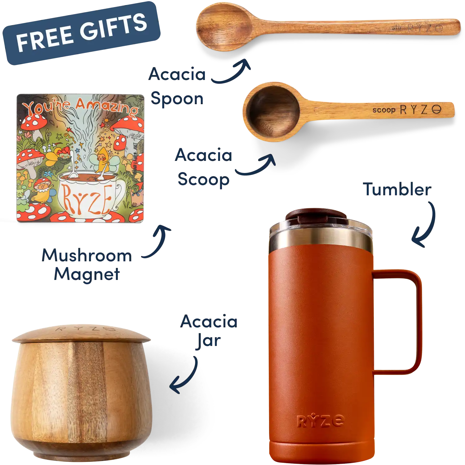Collection of Ryze products including cocoa, spoon, scoop, coasters, and a mushroom-themed magnet.