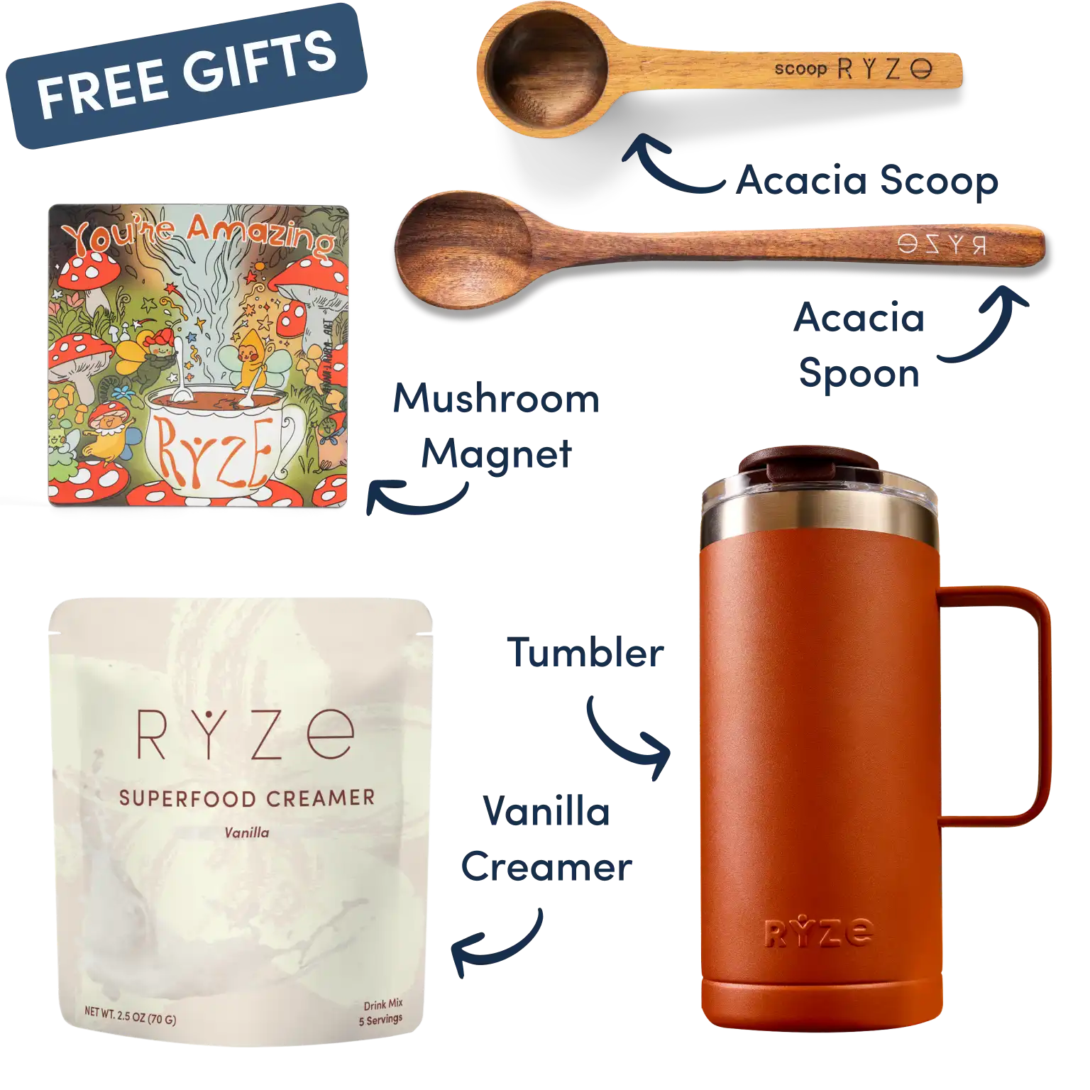 Collection of Ryze products including hot cocoa, wooden utensils, coasters, and a mushroom-themed magnet.
