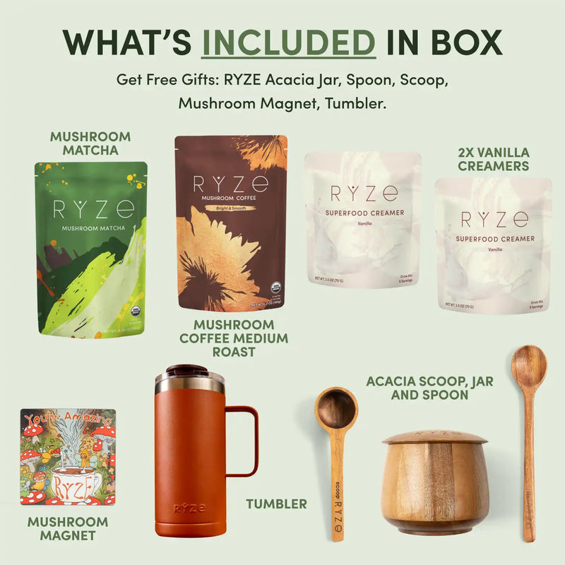 An infographic showing the contents of a RYZE gift box, titled 'WHAT'S INCLUDED IN BOX'. The items pictured include a green and white RYZE Mushroom Matcha pouch, a brown RYZE Mushroom Coffee Medium Roast pouch, two white RYZE Vanilla Creamers pouches, a wooden mushroom magnet, a terracotta-colored RYZE tumbler, two wooden spoons, and a wooden acacia scoop and jar.