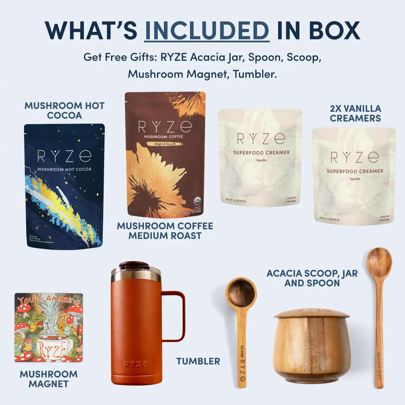 An infographic titled 'WHAT'S INCLUDED IN BOX' on a light blue background showing included RYZE coffee accessories and flavors: Mushroom Hot Cocoa, Mushroom Coffee Medium Roast, two Vanilla Creamers, an Acacia Scoop Jar, a wooden spoon, a wooden scoop, and a wooden tumbler. The products are arranged in a clean grid with text labels.
