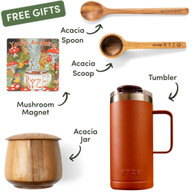 Collection of RYZE products including a tumbler, jar, mushroom magnet, acacia spoon, and scoop on a white background.