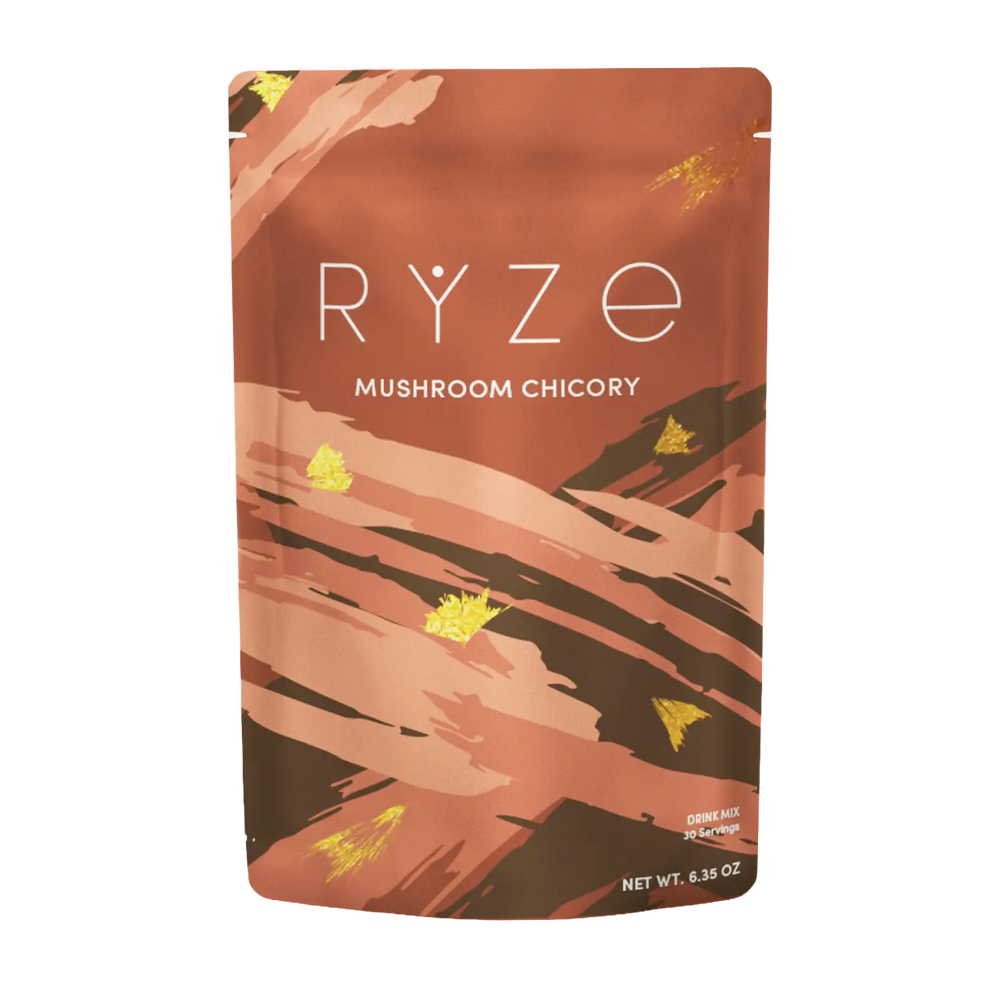 RYZE Mushroom Chicory package with abstract design on a white background