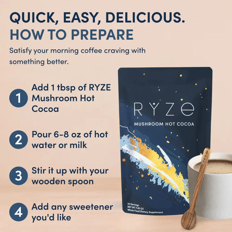 Quick Easy Delicious How to Prepare: 4 steps for RYZE Mushroom Hot Cocoa — bag and wooden spoon shown on beige background