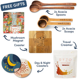 Promotional image of RYZé products including spoons, scoops, a coaster, a magnet, and a creamer with free gifts text.