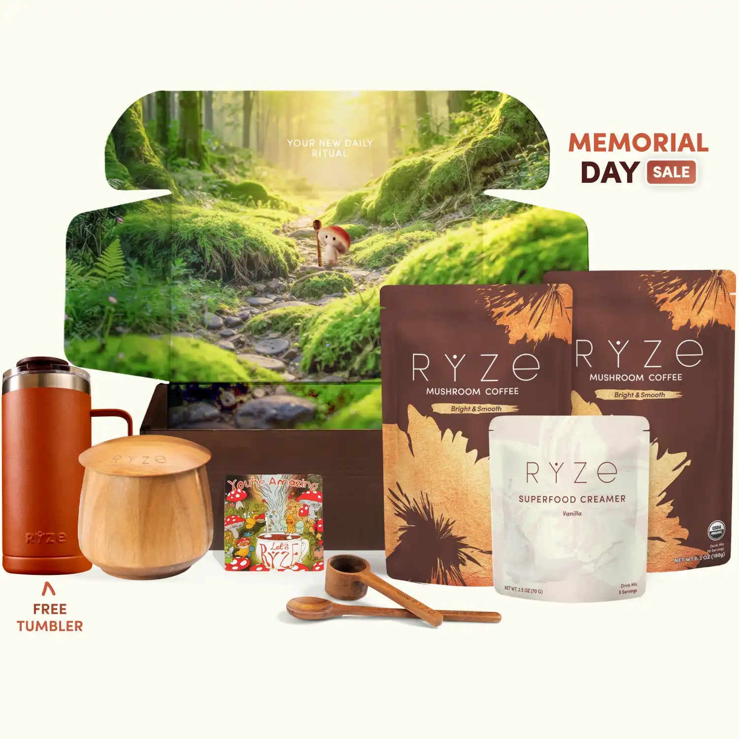 RYZE mushroom coffee products with a scenic background and Memorial Day sale text.