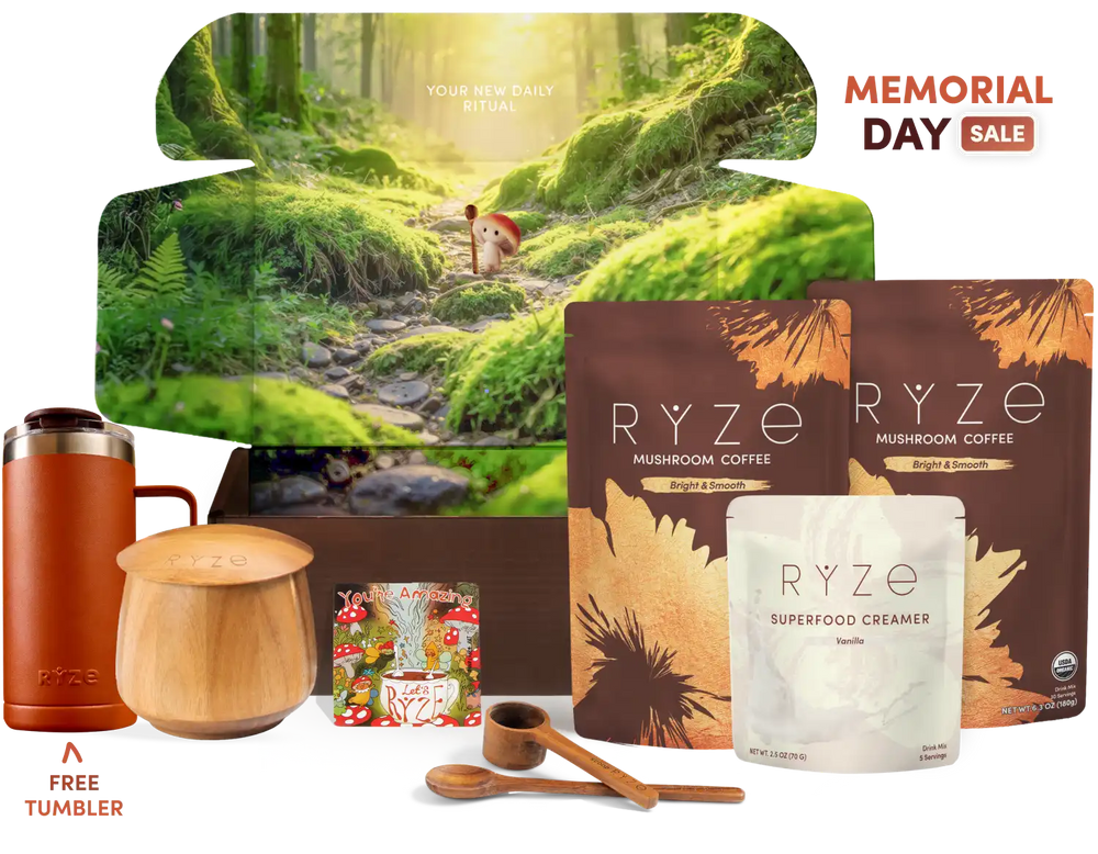 Collection of RYZE products including coffee and creamer with a scenic background