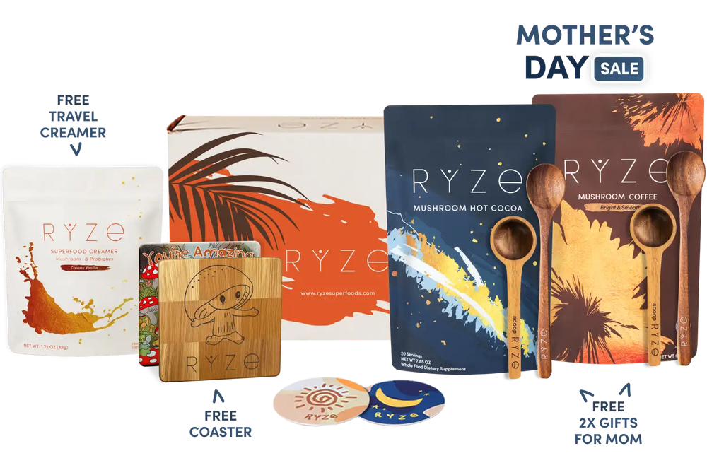 Promotional image of RYZE products with 'Mother's Day Sale' text and various items displayed.
