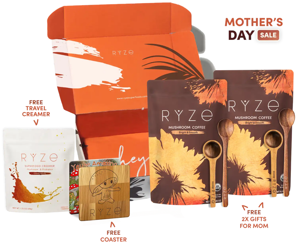RYZE product set with packaging, coffee packages, and promotional text for Mother's Day sale.