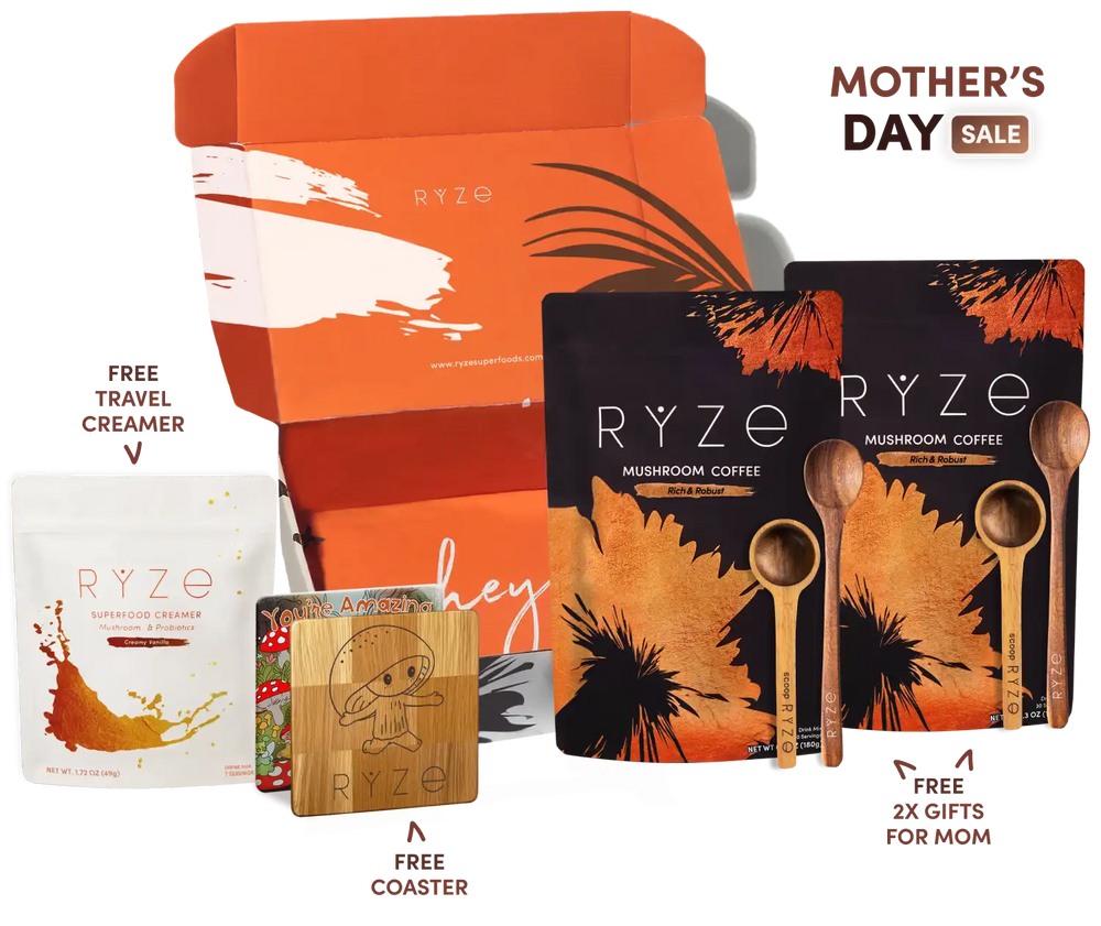 RYZE product set with packaging, coffee packages, and promotional text for Mother's Day sale.