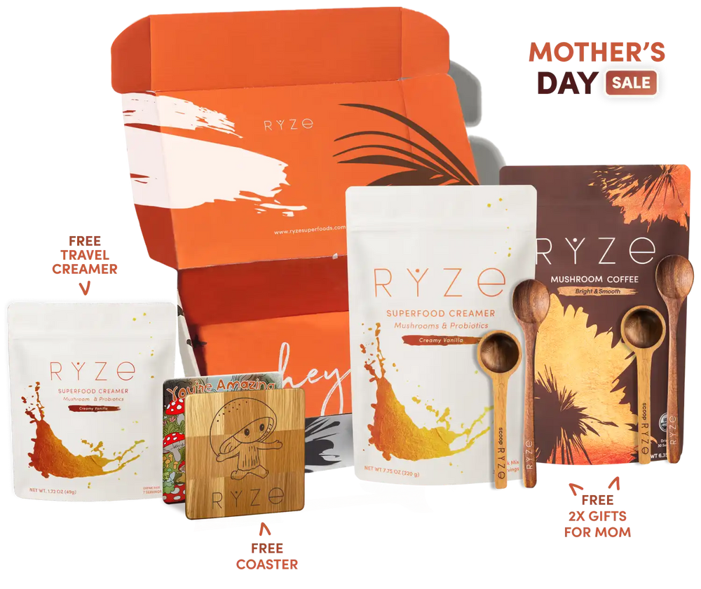 RYZE product set with promotional text for Mother's Day sale on a white background