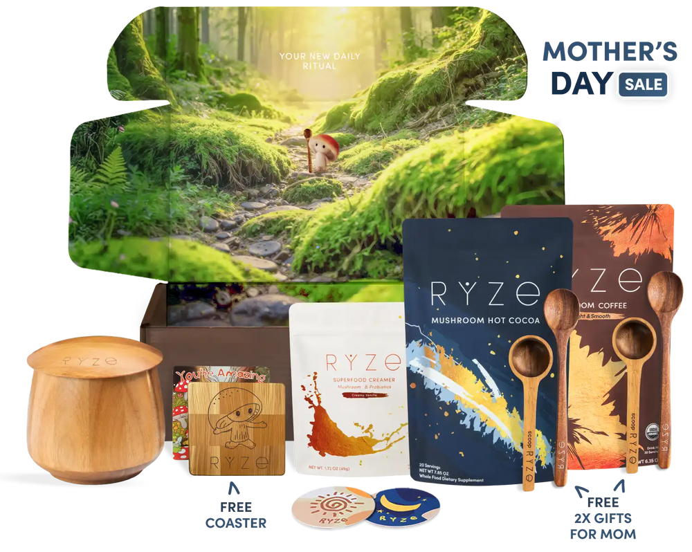 Collection of RYZE products with a scenic background and Mother's Day sale text.