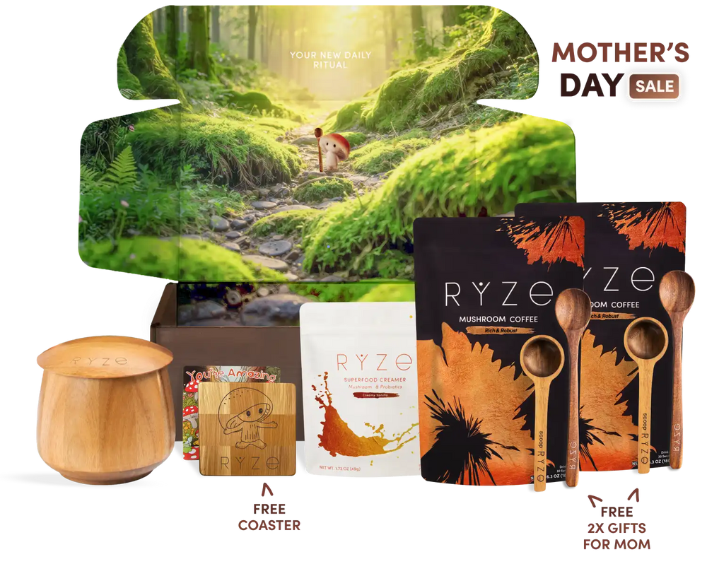 Collage of Ryze mushroom coffee products with a nature-themed background and 'Mother's Day Sale' text.