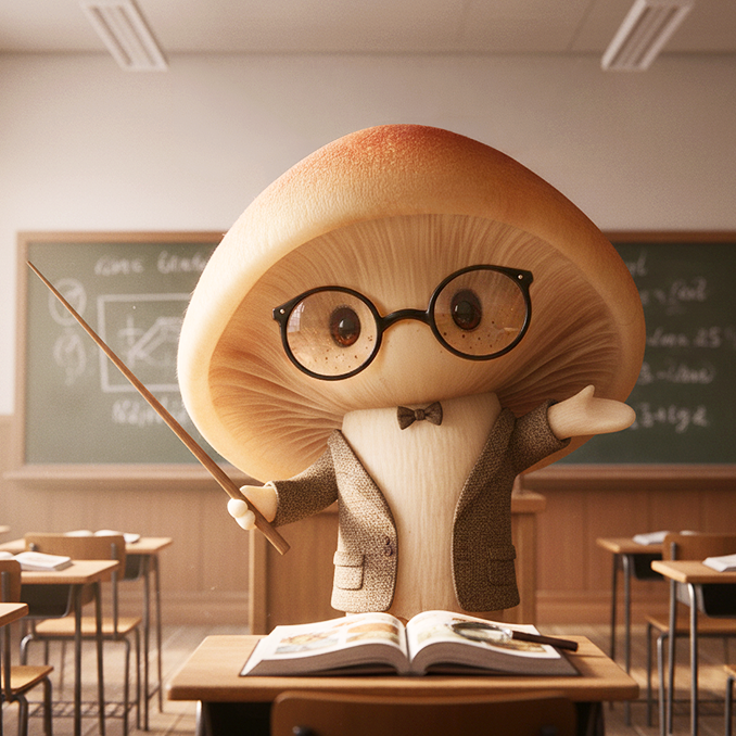 Mushroom character with glasses and a suit standing at a classroom desk with books and a pointer.